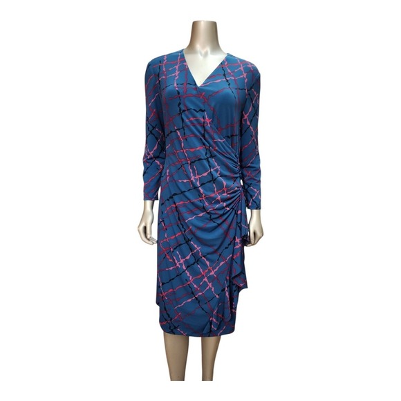 Anne Klein Ruched Stretch Dress 10 Blue Pink Print Side Ruffle Wrap Career V-Nec - Picture 1 of 16